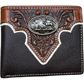 Mens Wallet Floral Tooled Cowboy Praying Concho Embossed Cowboy Western Leather Wallet High End Leather Mens Wallets Leather Rodeo Gifts For Men (Coffee)