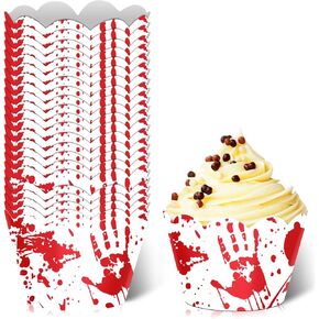 24pcs Halloween Cupcake Wrapper Pick for Handprint Footprint Help Run Detective Fantasy Horror Scream Party Theme Decor Supplies Men Women Boys Girls Birthday Party Decoration