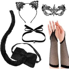 5 Packs Black Cat Ears and Tail Set, Cat Costume Accessories Including Lace Mask Gloves Choker Necklace with Bell, Catwomen Masquerade Outfit for Adults, Halloween Cosplay Dress Up Supplies