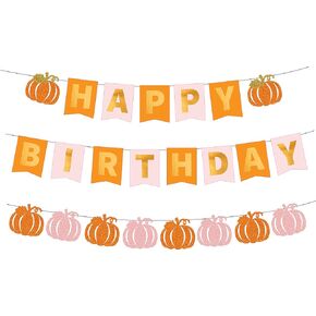 Pumpkin Happy Birthday Banner Party, Pumpkin Patch Pink and Orange Garland for Girls or Kids, Little Pumpkin Theme Decorations Baby Thanksgiving Fall Party, Autumn Halloween Party Supplies Decoration