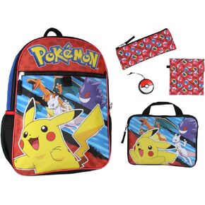 Bioworld Pokemon 5 PC Backpack Set With Padded Card Carrier, Pencil Case, Insulated Snack Bag, and Pokeball Stress Toy