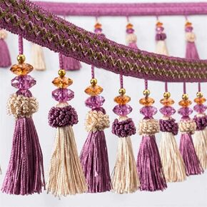 Yalulu 4 Yards Braided Hanging Crystal Beads Tassel Fringe Trim Fabric Ribbon Trimming DIY Craft Sewing Accessory for Home Curtain Table Decoration (Gold)