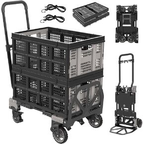 2-1 Folding Hand Truck Dolly with 2 Pcs Shopping Basket, 330LB Heavy Duty Carrying with 4 Wheels Foldable, Retractable Handle Collapsible Cart, Include 2 Bungee Cords, for Moving, Luggage, Office