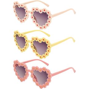 Whaline 3 Pairs Daisy Flower Sunglasses Heart Shape Glasses Cute Yellow Pink Glasses UV 400 Protection Eyewear Gift for Outdoor Summer Beach Party Supplies
