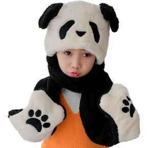 Kids Winter Hat Gloves Scarf Set,Cute Panda Hat with Movable Ears Boys Girls Thick Warm Hood Cap