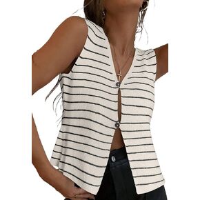 Y2K Knit Vest Top for Women Hollow Out Button Down V Neck Crochet Crop Top Sleeveless Sweater Vintage Streetwear