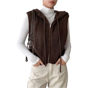 SHENHE Women's Hooded Sleeveless Zip Up Sweater Vest Knitted Drawtring Cardigan Vest in Saudi Arabia