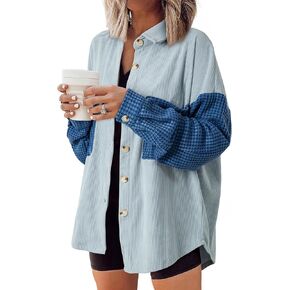 Astylish Womens 2024 Corduroy Shacket Color Block Waffle Jackets Casual Long Sleeve Button Down Shirts Coat
