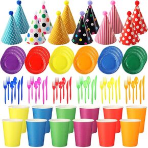 180 Pcs Kids Birthday Party Supplies Serves 30 Include Birthday Party Cone Hats Colorful Paper Plates Cups Plastic Forks Knives Spoons Disposable Party Tableware Set Neon Party Decoration