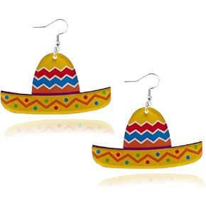 Mardi Gras Dangle Earrings for Women Girl Mexico Carnival Theme Pendant Pepper Sombrero Maraca Pinata Shaped Wood double-sided Drop Dangle Earrings Set Jewelry Accessories..