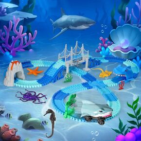 Track Toys 264 Pcs Shark Race Car Toys, Bendable Flexible Racetrack Cars with Shark & Ball, Ocean Theme Train Toys for Boys Girls 3+Year, STEM Educational Playset, Best Birthday Gifts