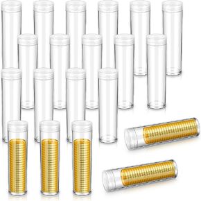 Geetery 20 Pcs Plastic Coin Tubes Small Dollar Coin Holders 1.10 Inch Round Clear Dollar Storage Tubes with Screw Lid Container for Collection Supplies
