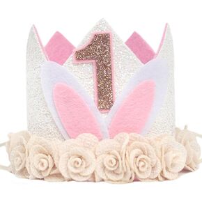 Bunny Crown For Baby's First Birthday - Flower Hat For 1st Birthday，Rabbit Theme Birthday Crown，Perfect Easter Birthday Party Handmade Hat，Spring 1st Birthday Decoration