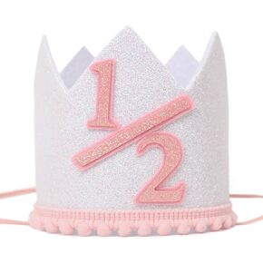 1/2 Birthday Party Hat Decorations - Baby Girl Half Birthday Headwear - Boho Natural Birthday Hat For Kids - 6 Month Birthday Glitter Crown For Babies - Kids Party Photo Booth Prop Hat