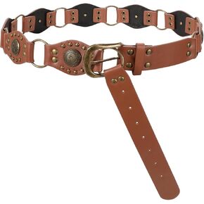 LEACOOLKEY Western Concho Rivet Belt for Women Vintage Leather Belt Western Waist Belt for Skirts Jeans