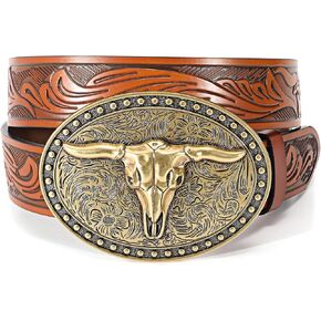 Cowboy Belt Western Belts for Men Women Cowgirl Rodeo Large Bull Buckle Western Leather Belt for Jeans