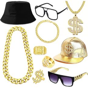 MOZAKA 80s 90s Rapper Costume Kit for Men Hip Hop Accessories Fake Gold Chain Money Sign Necklace Hip Hop Rapper Costume Jewelry