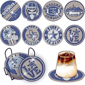 YOKUSHI 8 PCS Football Diamond Art Painting Coasters Kit for Adults Kids Supplies, Rugby Craft DIY Coaster Kits with Holder Cork Base (Red)