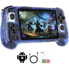 وحدات تحكم الألعاب المحمولة RG556 Retro بدون بطاقة نظام Android 13 وشاشة AMOLED مقاس 5.48 بوصة ومعالج Unisoc T820، وحدة تحكم ألعاب قديمة بطارية 5500 مللي أمبير في الساعة تدوم 8 ساعات (أزرق T)