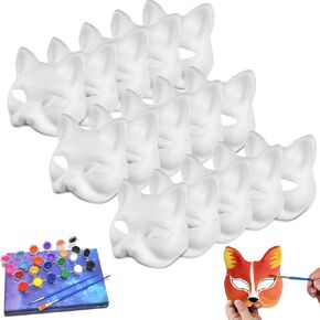 15 Pcs Cat Fox Therian Masks with Strap White and 1pcs Painting Set Unpainted Paper Masks Half Facemasks Blank DIY Animal Mask for Masquerade Halloween Activity Cosplay Mask Costume Dance Party Favors