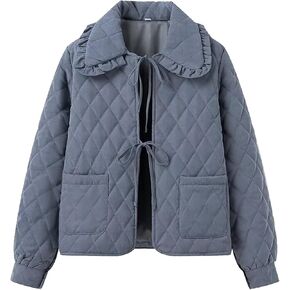 Womens Lightweight Quilted Jacket Cute Tie Front Cropped Puffer Jacket Coat Outwears with Pockets