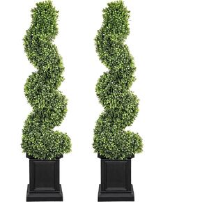 Artificial Boxwood Outdoor Topiary Set of 2, 4ft Tall Outdoor Porch Trees All-Year Green Fake Plant Topiary Trees Artificial Outdoor with Sturdy Pot for Porch Outdoor Indoor (Spiral)