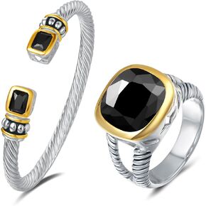 UNY JEWEL Women Jewelry Twisted Cable Wire CZ Ring Caviar CZ Cuff Bangle Designer Inspired Bundles Christmas Gifts Black Size 05