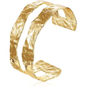 18K Gold-Plated Cuff Bracelet for Women Irregular Adjustable Open Bangle Cuff Bracelets Chunky Wide Multi-Layer Hammered Cuff Bracelet