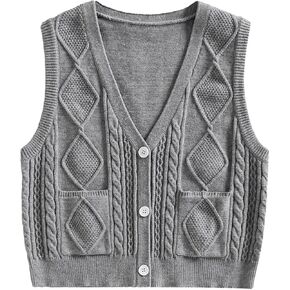Verdusa Women's V Neck Sleeveless Textured Cable Knitted Crop Sweater Vest