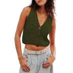 Locachy Women's Casual V Neck Knit Sweater Vest Soft Sleeveless Cropped Button Down Cardigan Tank Tops