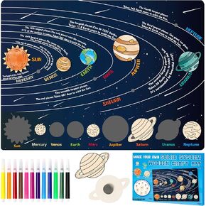 WATINC Solar System Wooden Craft Kit - Color Your Own Planets DIY Magnet Puzzle Playboard, Outer Space Planets Galaxy Preschool Early Learning Class Activities Interactive Play Set Gift for Kids