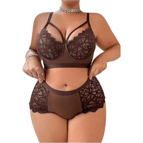 MakeMeChic Women's Plus Size Lingerie Sets Contrast Lace Cut Out Wireless Bra and Panty Set