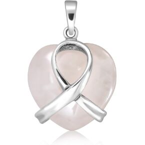 WithLoveSilver Sterling Silver 925 Breast Cancer Ribbon Heart Natural Rose Quartz Pendant