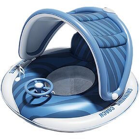 Baby Pool Float with Canopy, 2024 New Toddler Pool Floats, Widened Infant Pool Float Built-in Hand Pump for Push-to-Inflate, No Flip Over with Steering Wheel Horn