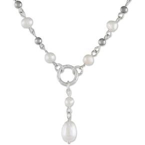 NOVICA Artisan Handmade Cultured Pearl Pendant Necklace Station from Thailand Fine Silver Sterling Freshwater White Y Hill Tribe Birthstone [17 in L 7 mm W Pendant(s) 1.8 in L x 0.5 in W Extender 0.8]