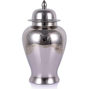 15'' Large Silver Vase Ginger Jar for Home Decor, Decorative Ceramic Vase with Lid, Large Gold Flower Vase, Modern Gold Decor Ginger Jars for Kitchen Table, Living Room, Dining Room, Centerpiece
