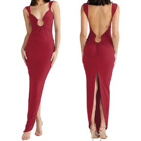 Women Sexy Backless Dress V Neck Sleeveless Open Back Split Maxi Dress Party Cocktail Bodycon Long Dress