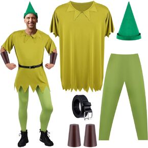 Halloween Classic Green Costume for Men Tunic Shirt Leggings Elf Hat Belt Loop Neverlands Cosplay Outfits SIze L
