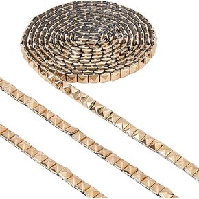 GORGECRAFT 4.16 Yards 8mm Wide Hot Fix Nailhead Trim Metal Brass Iron on Nailhead Trim Strip Square Pyramid Studded Decorative Upholstery Nailhead Applique Trim for DIY Clothes Bags Light Gold