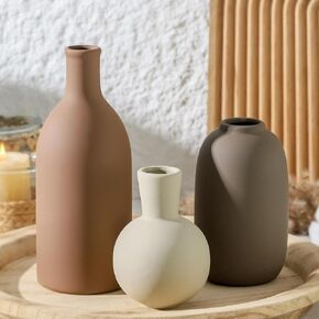 Ceramic Vases Set of 3, Modern Neutral Vase Rustic Farmhouse Vases Home Decor Pottery Pampas Vase Decoration Flowers Vases for Room Decor, Living Room, Table, Kitchen, Bathroom, Bedroom - Brown