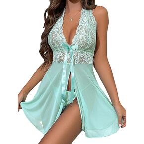 Myilewtj Lingerie for Women Lace Babydoll Open Front Sleepwear Halter Nighty Chemsie Nightdress
