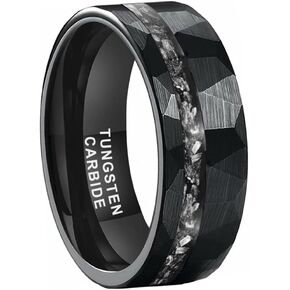 8mm Silver/Black Hammered Tungsten Rings for Men Women Genuine Meteorite Chip Inlay Fashion Jewelry Engagement Wedding Promise Band Matte Brushed Finish Comfort Fit