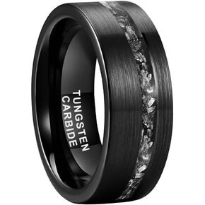 8mm Silver/Black Hammered Tungsten Rings for Men Women Genuine Meteorite Chip Inlay Fashion Jewelry Engagement Wedding Promise Band Matte Brushed Finish Comfort Fit