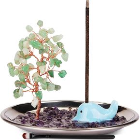 OTOFY Incense Holder for Palo Santo，Multi-Purpose Handmade Crystal Stone Money Tree Incense Burner for Palo Santo-5.51 inches Ash Catcher for Meditation，Yoga and Home Decor (Purple Tree)