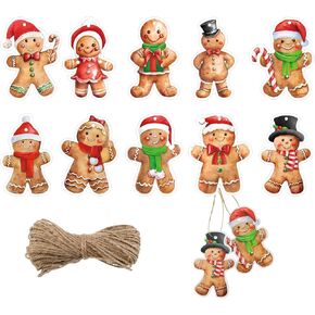 Lincia 120 Pcs Gingerbread Christmas Gift Tag Winter Paper Gift Tags Christmas Hanging Tags Labels with String for Christmas Holiday Party Gift Wrapping Xmas Decor, 10 Styles