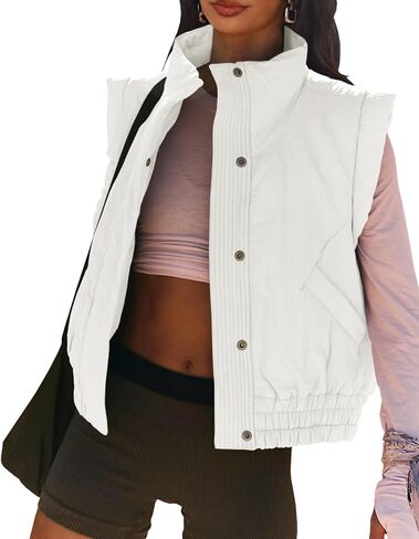 Women's Lightweight Puffer Vest Button Down Crop Quilted Vest Coat Stand Collar Sleeveless Padded Gilet With Pockets in Kuwait