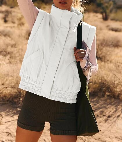 Women's Lightweight Puffer Vest Button Down Crop Quilted Vest Coat Stand Collar Sleeveless Padded Gilet With Pockets in Kuwait