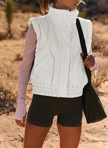 Women's Lightweight Puffer Vest Button Down Crop Quilted Vest Coat Stand Collar Sleeveless Padded Gilet With Pockets in Kuwait