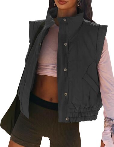 Women's Lightweight Puffer Vest Button Down Crop Quilted Vest Coat Stand Collar Sleeveless Padded Gilet With Pockets in Kuwait