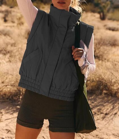Women's Lightweight Puffer Vest Button Down Crop Quilted Vest Coat Stand Collar Sleeveless Padded Gilet With Pockets in Kuwait